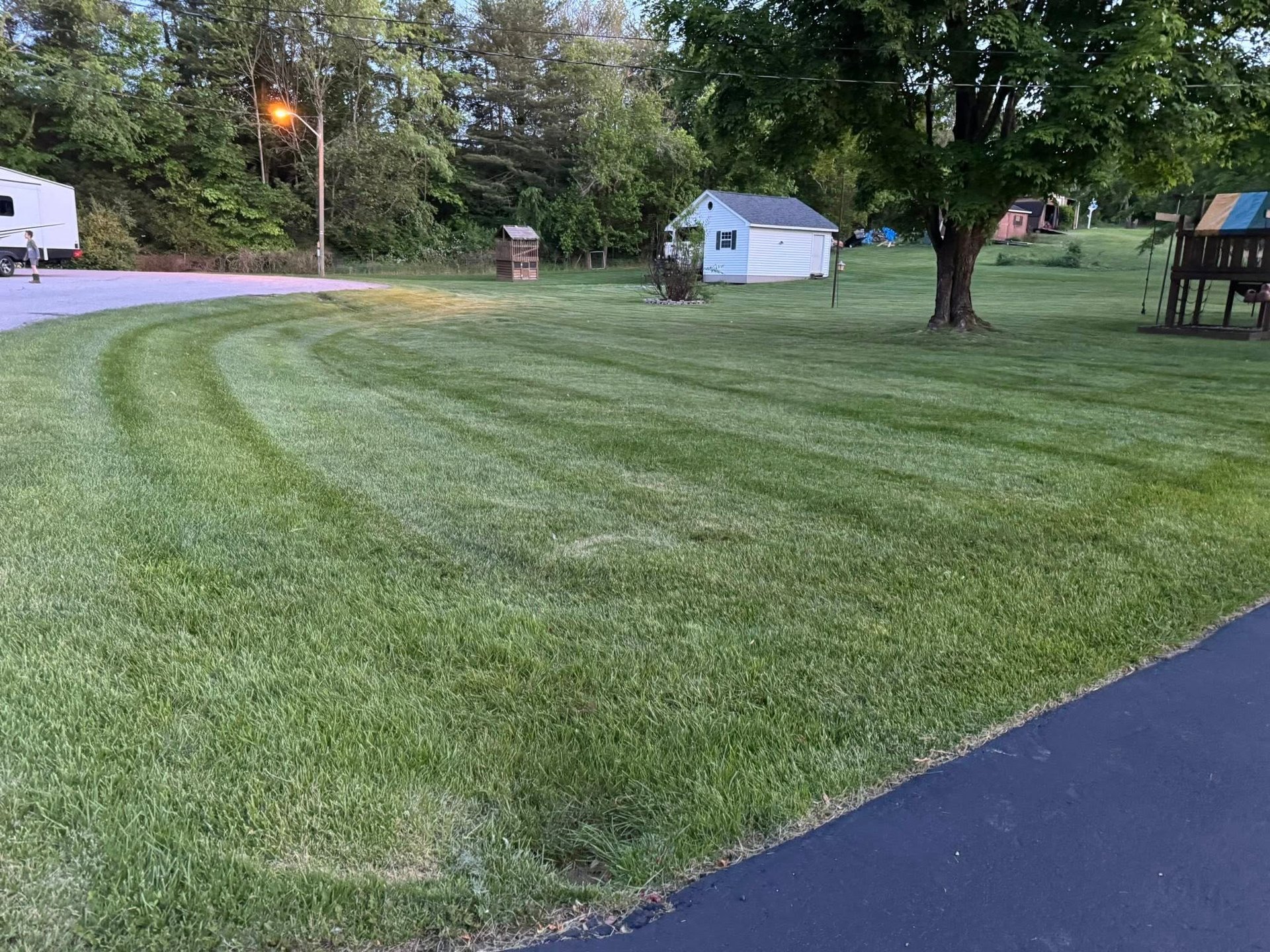 Wide grassy yard with freshly mowed lawn