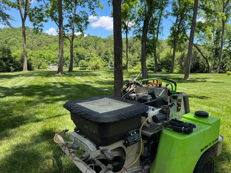 Bright green lawn mower parked on green grass under tall trees in a park setting
